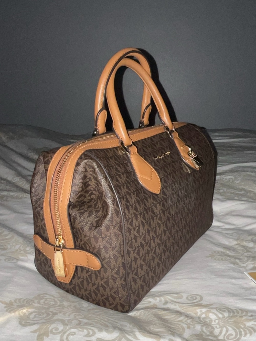 Michael Kors Brown Monogram Satchel with Tan Handles - Picture 10 of 12